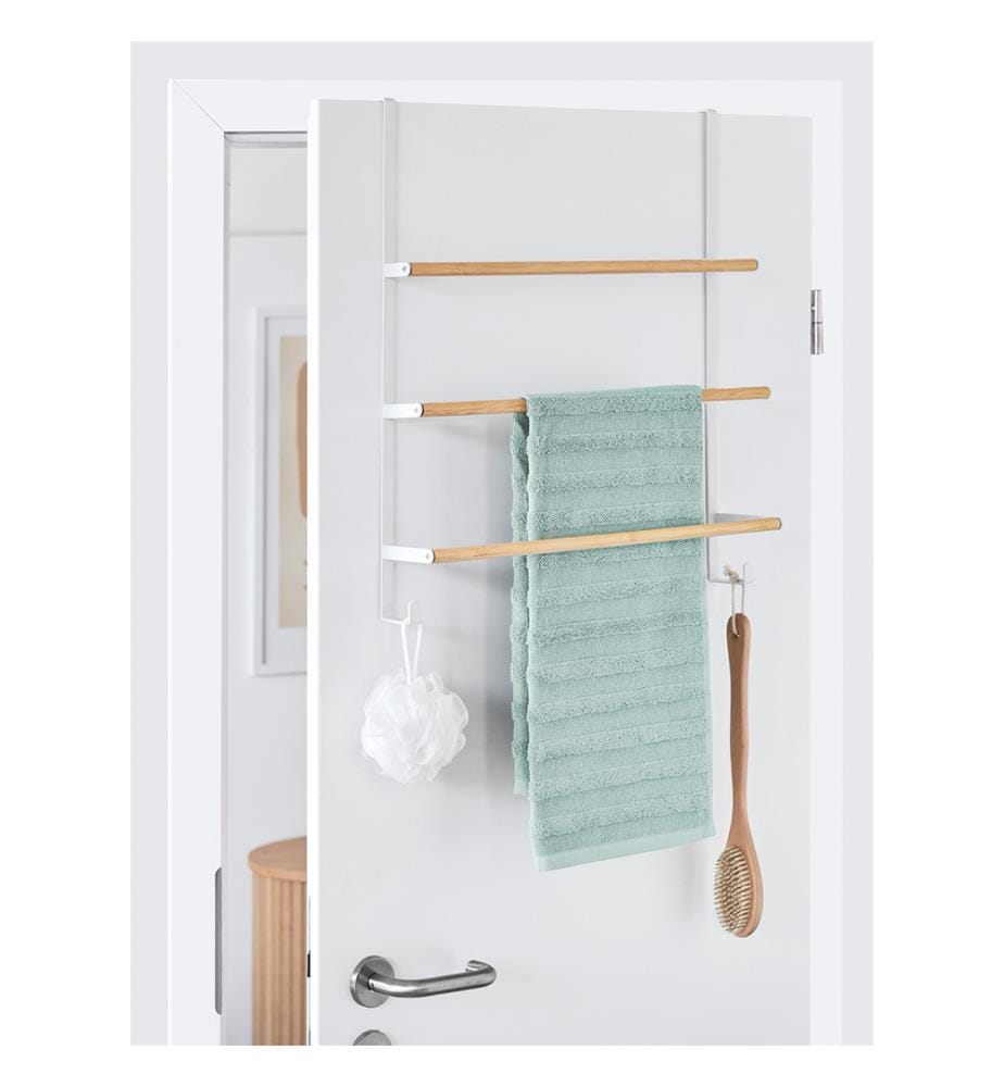 Door towel rail, metal/bamboo, white