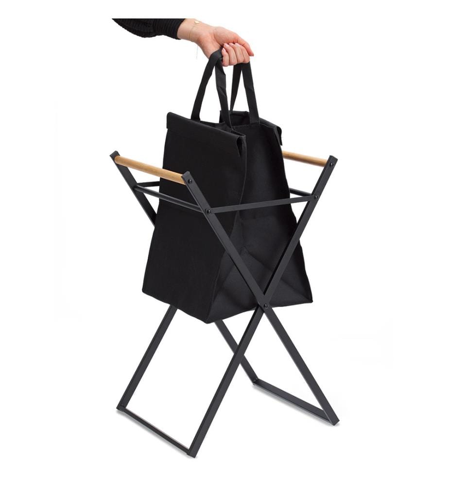Laundry bin, metal/wood/polyester, black