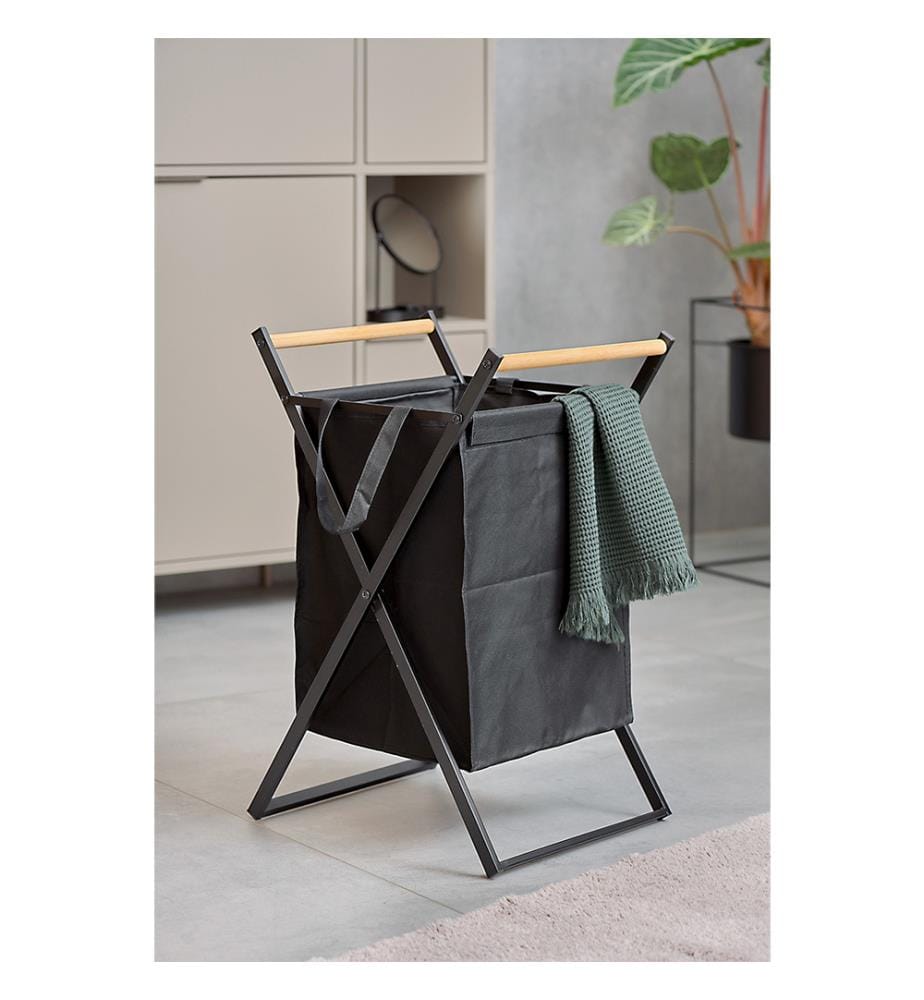 Laundry bin, metal/wood/polyester, black