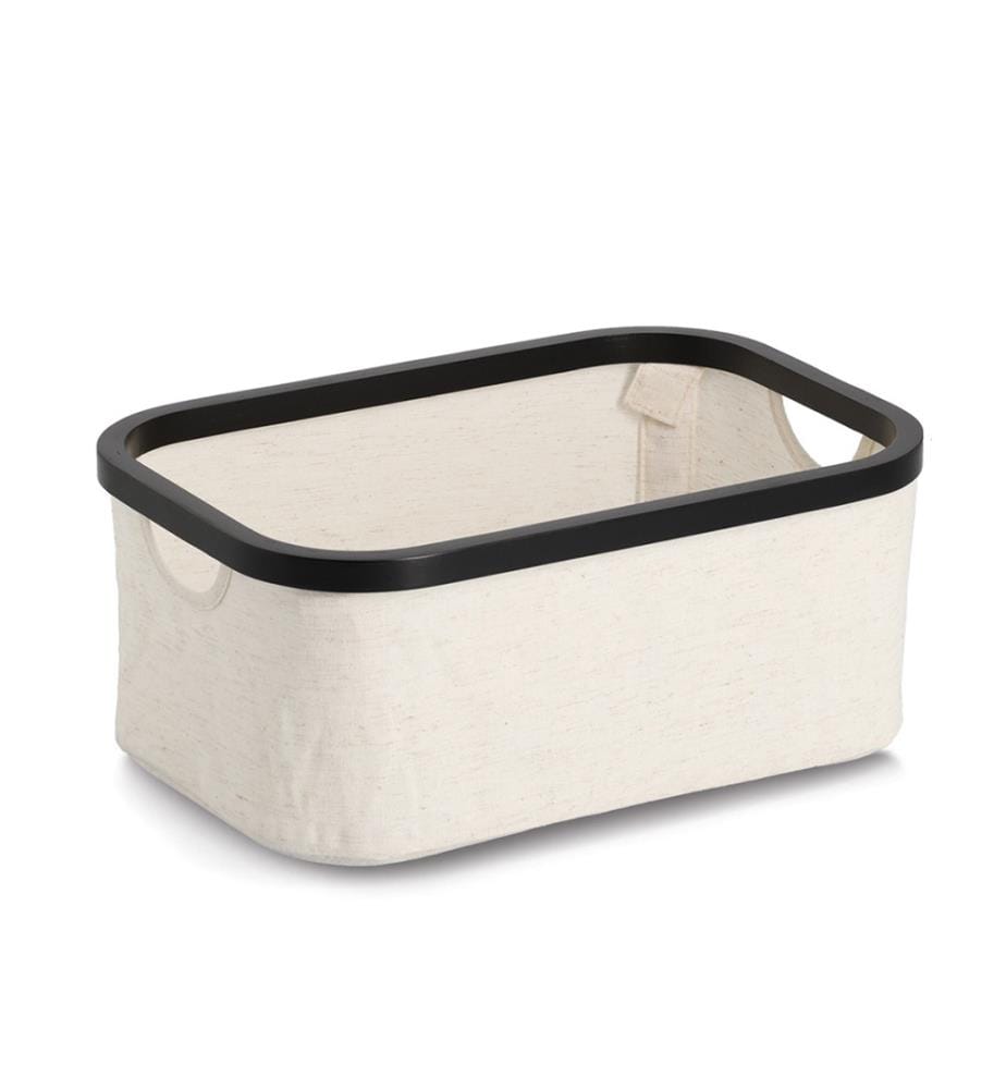 Storage basket, polyester/bamboo, cream/black