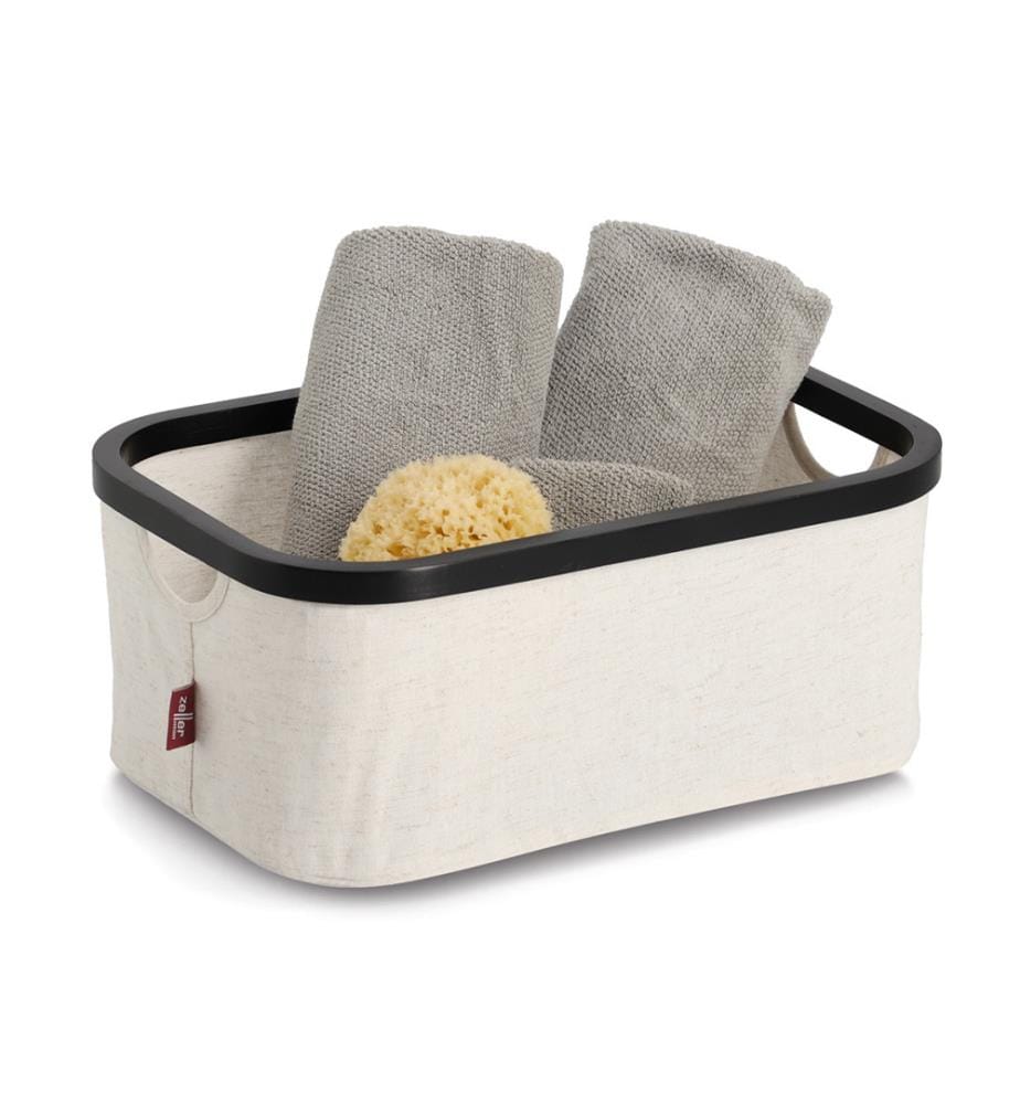 Storage basket, polyester/bamboo, cream/black