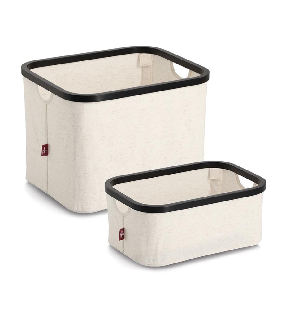 Storage basket, polyester/bamboo, cream/black