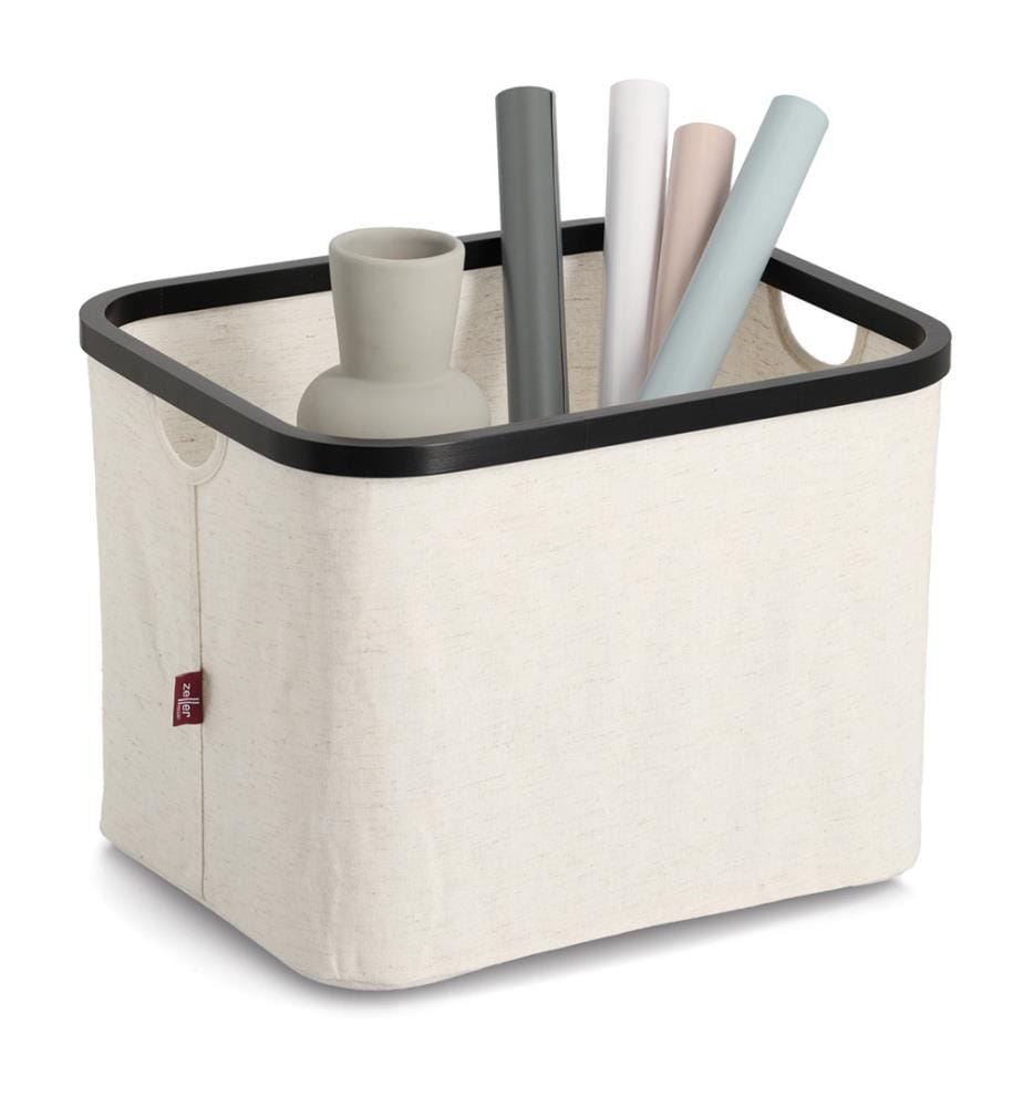 Storage basket, polyester/bamboo, cream/black