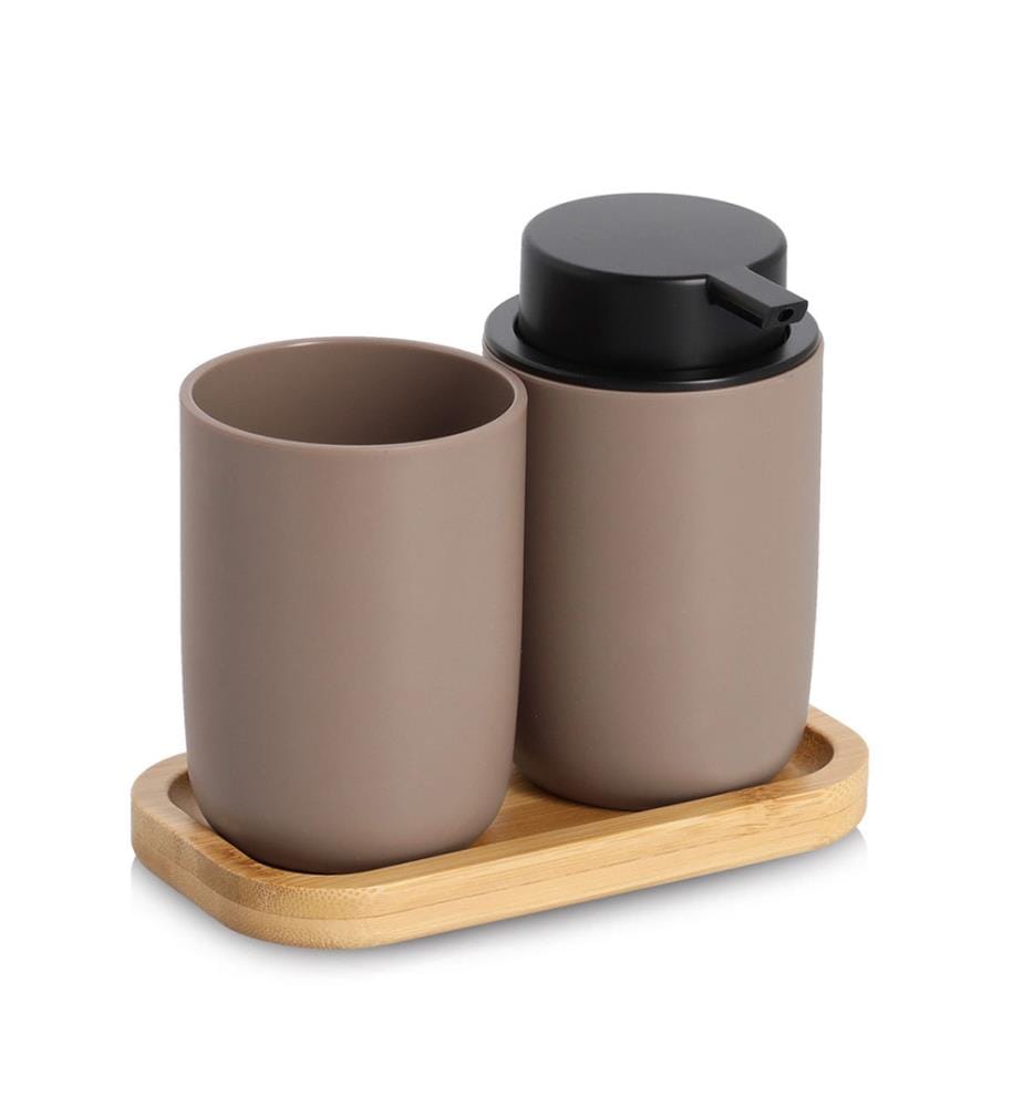 Bathroom accessory set, 3-piece, plastic/bamboo,