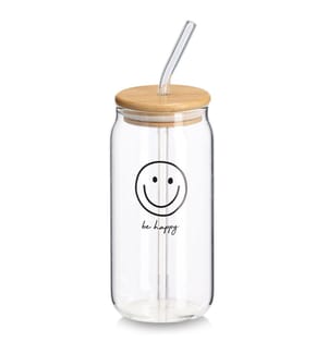 Drinking glass "Happy" w. bamboo lid and glass straw