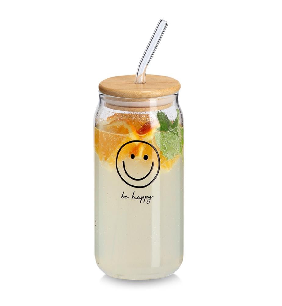 Drinking glass "Happy" w. bamboo lid and glass straw