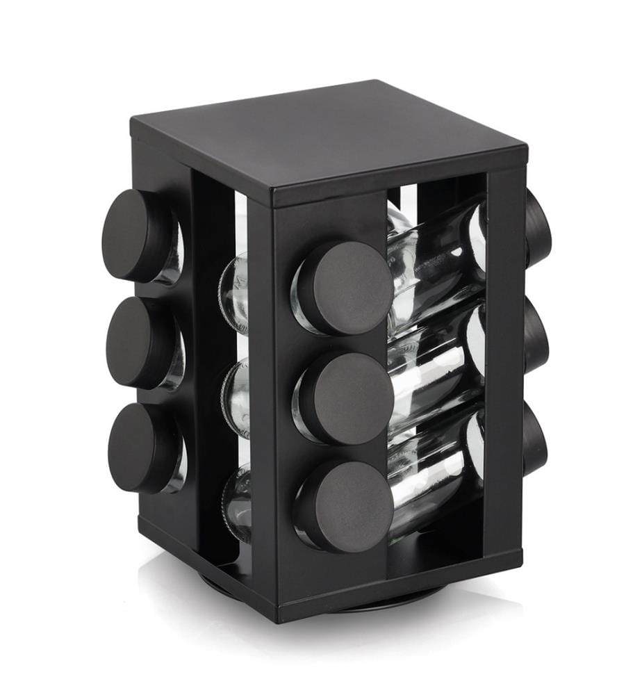 Spice rondel with 12 jars, metal/glass, black