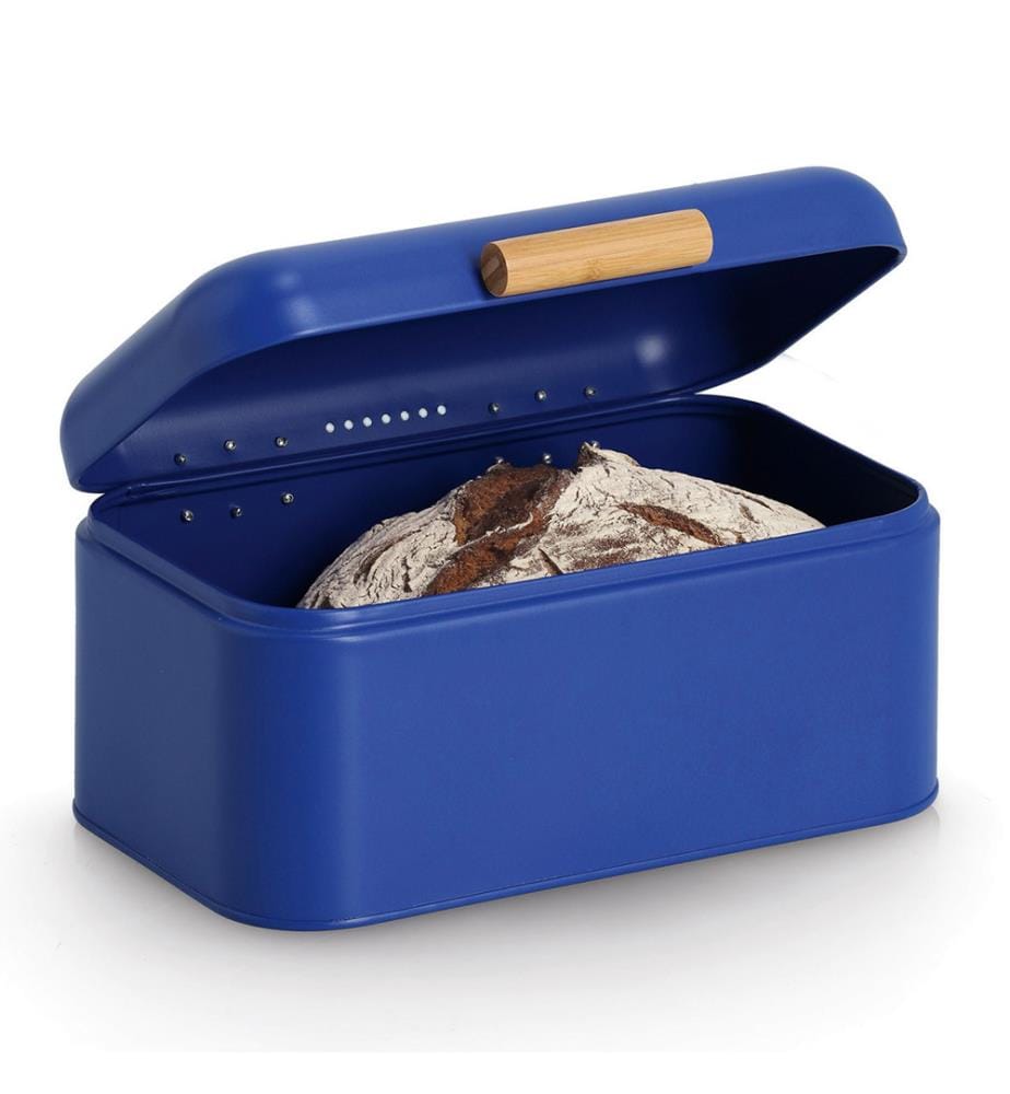 Bread bin, metal/bamboo, blue