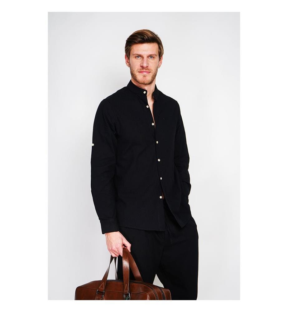 Chemise col officier manches longues - Noir