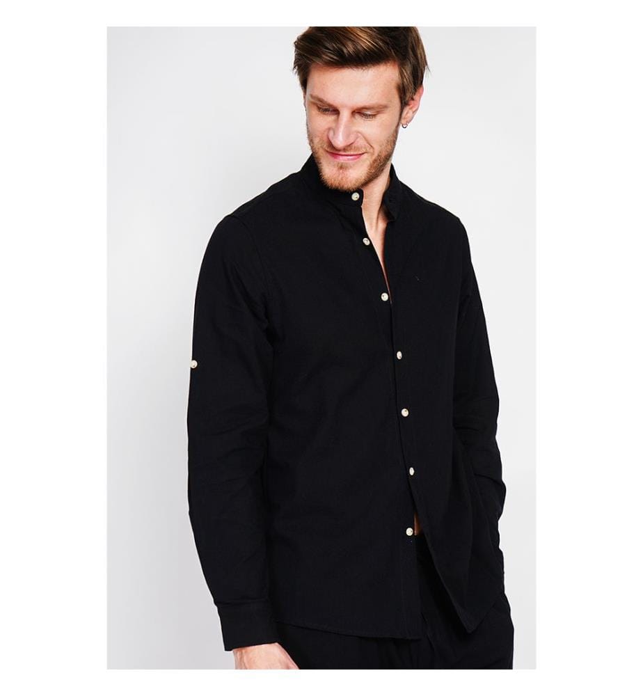 Chemise col officier manches longues - Noir