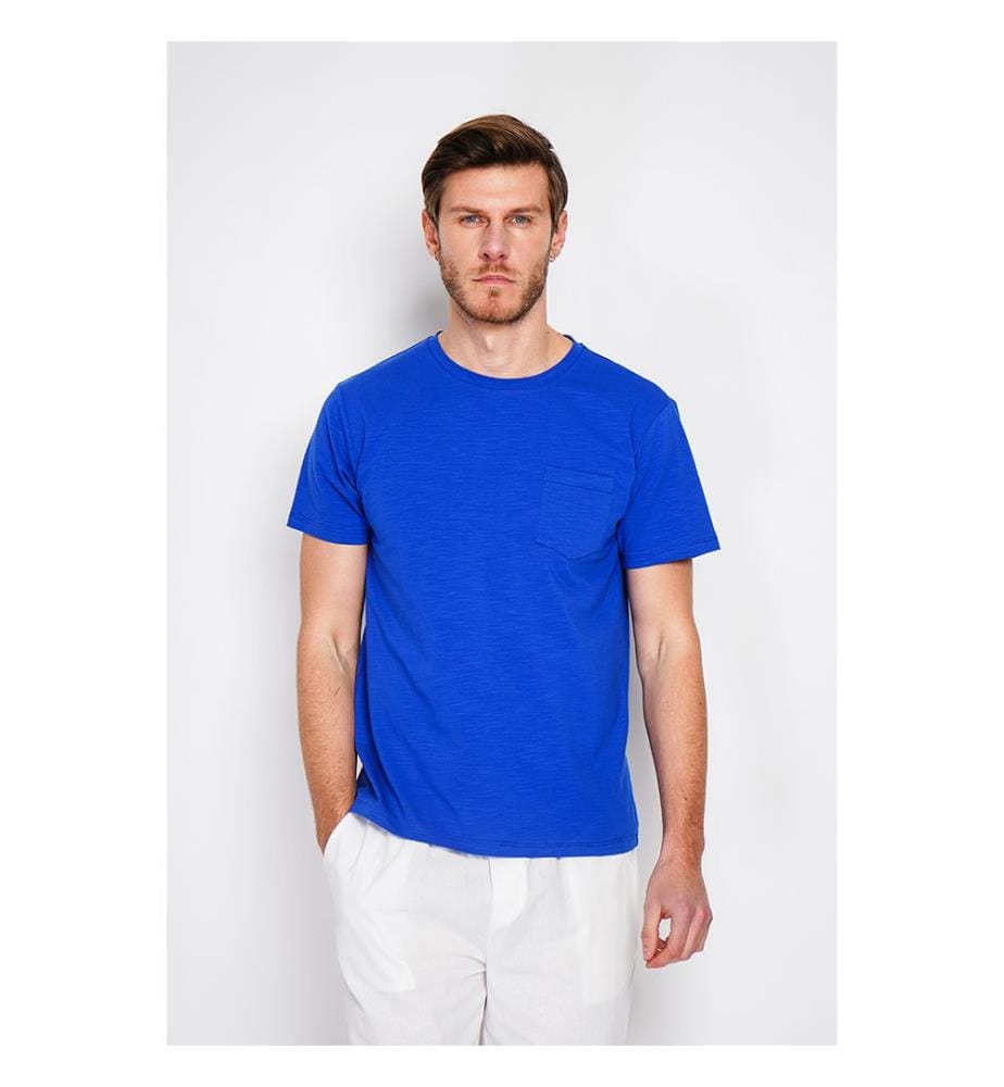 T-shirt col rond avec poche poitrine - Bleu royal