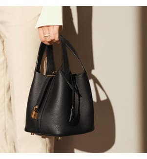 Premium Eimertasche aus genarbtem Leder - Schwarz