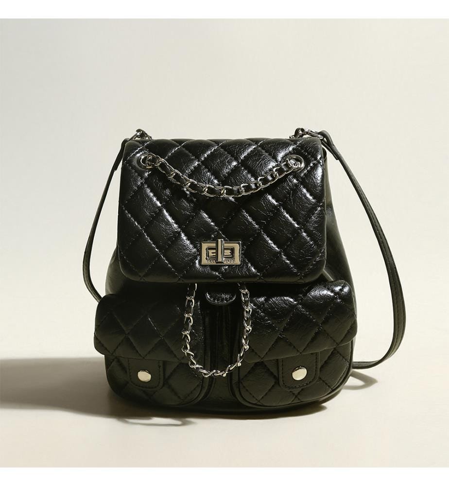 Gesteppter Rucksack mit Kette - Schwarz