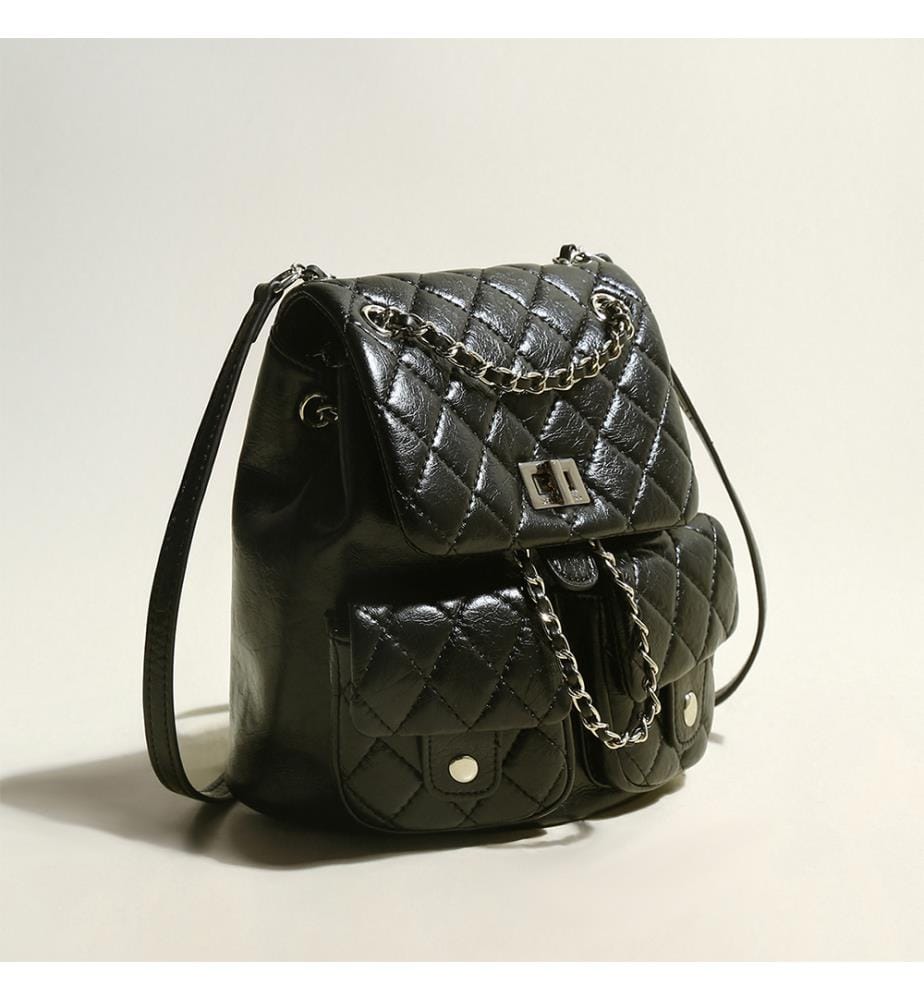 Gesteppter Rucksack mit Kette - Schwarz