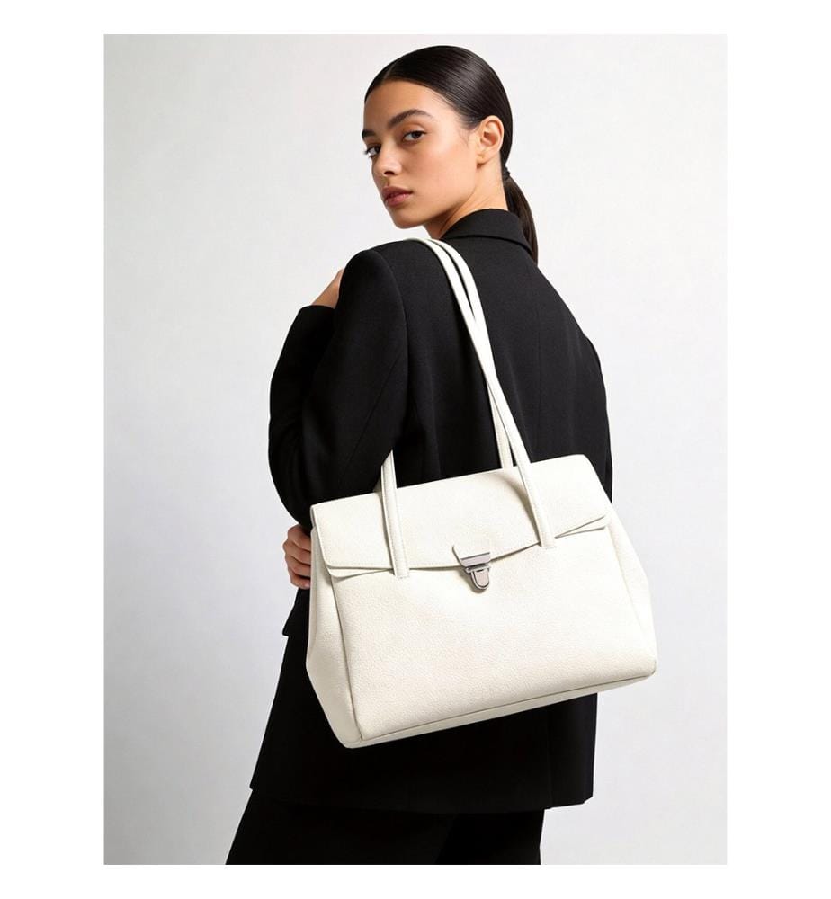 Borsa tote con chiusura in pelle martellata - Avorio