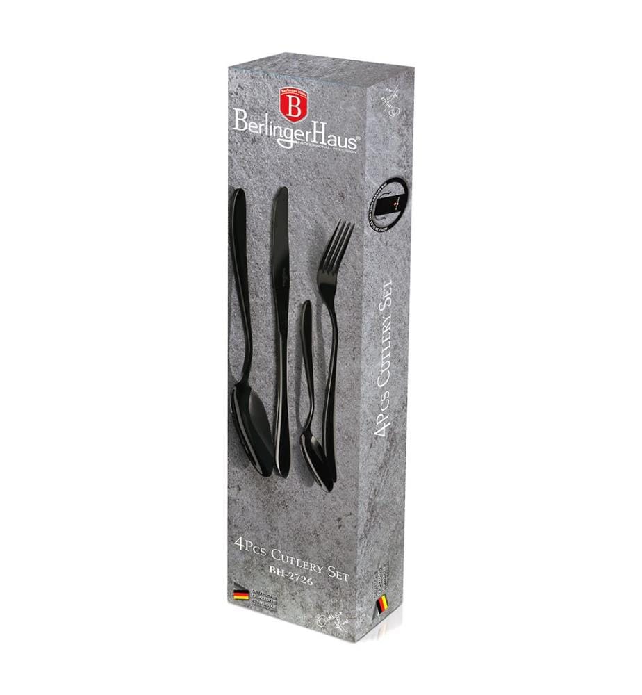 4-teiliges Besteckset mit Leinenreisetasche - Schwarz