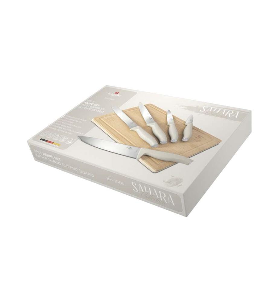 6-teiliges Messerset mit Bambus Schneidebrett, Sahara Collection - Matt Cream