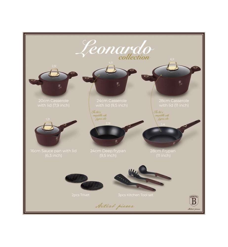 15-teiliges Kochgeschirr-Set, Leonardo Collection - Matt Bordeaux