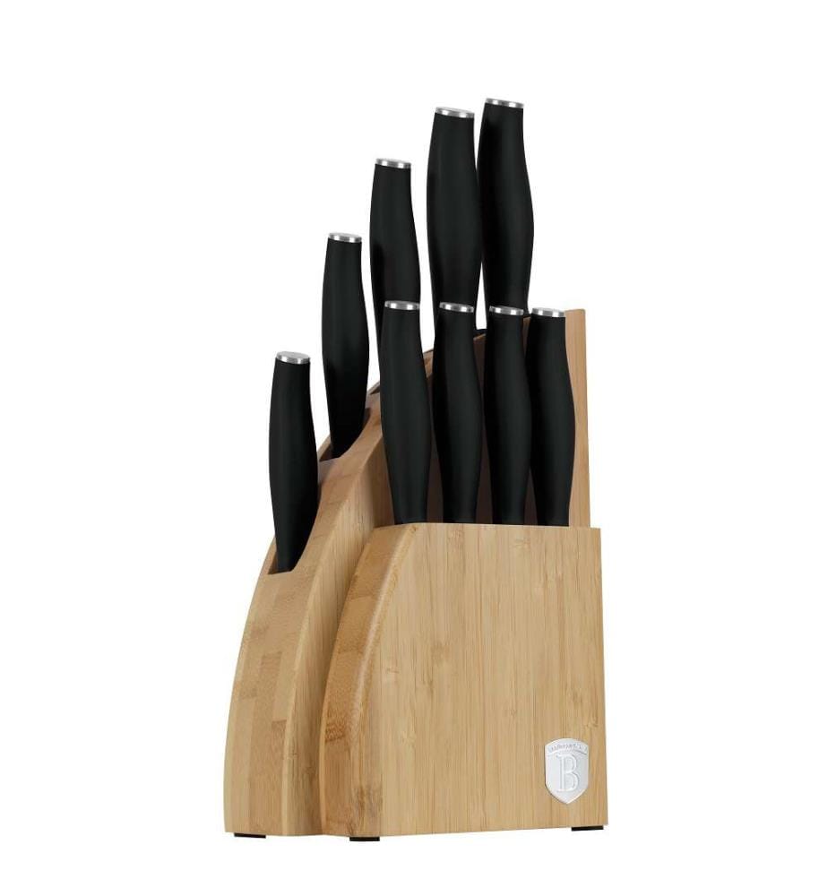 Set di 10 coltelli con blocco in bambù - Nero Argento