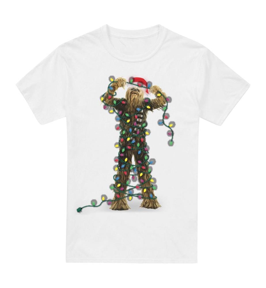 T-Shirt Star Wars Christmas Chewbacca Tangled Lights - Blanc