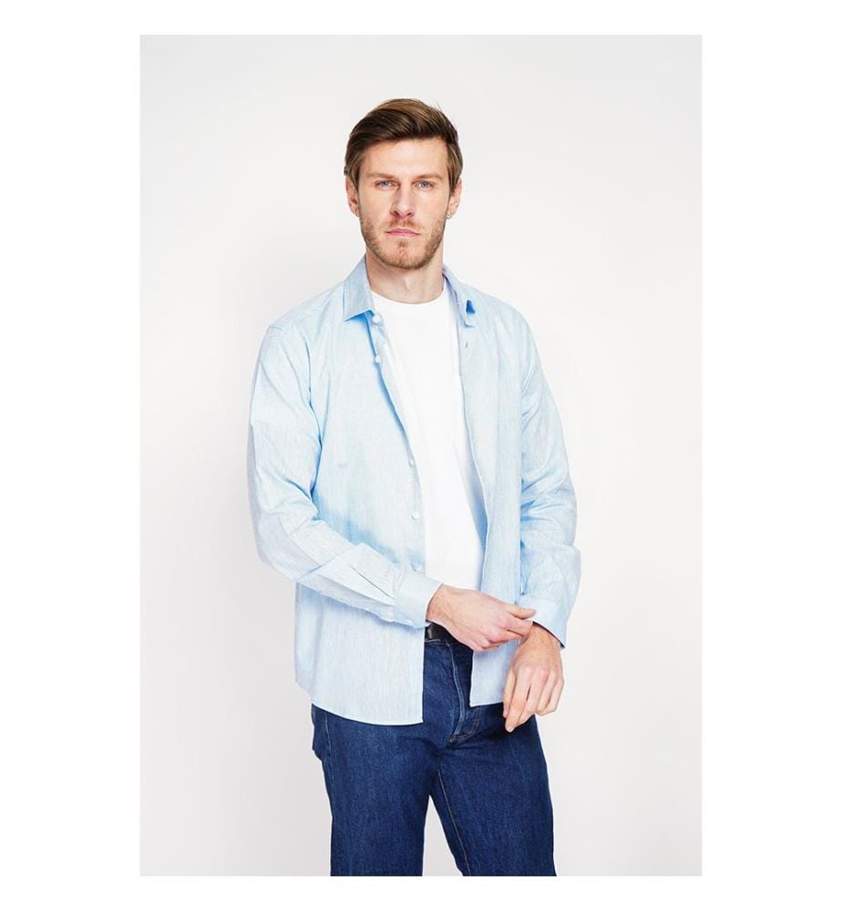 Camicia slim fit con collo italiano e polsini rotti - Blu cielo
