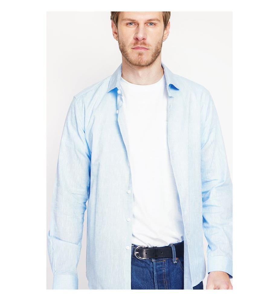 Camicia slim fit con collo italiano e polsini rotti - Blu cielo