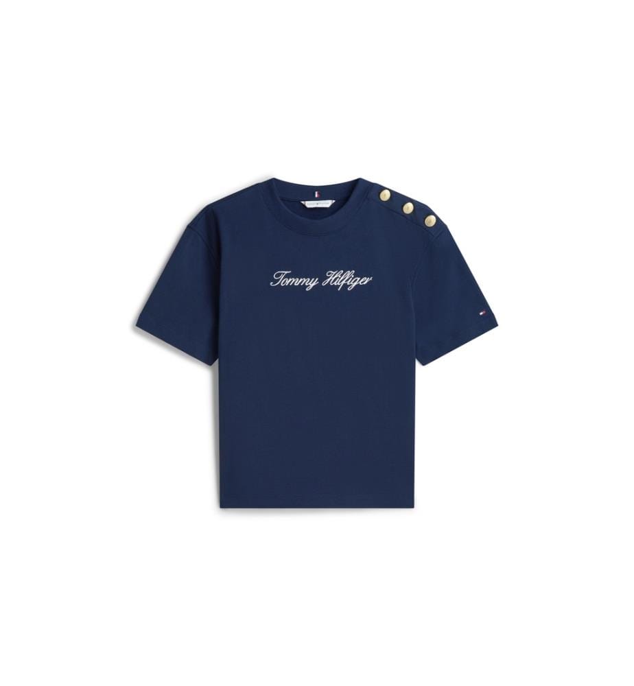 Casual T-Shirt With Embroidered Logo And Gold Button - Navy