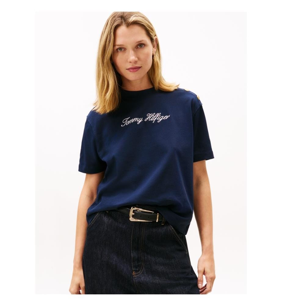Casual T-Shirt With Embroidered Logo And Gold Button - Navy