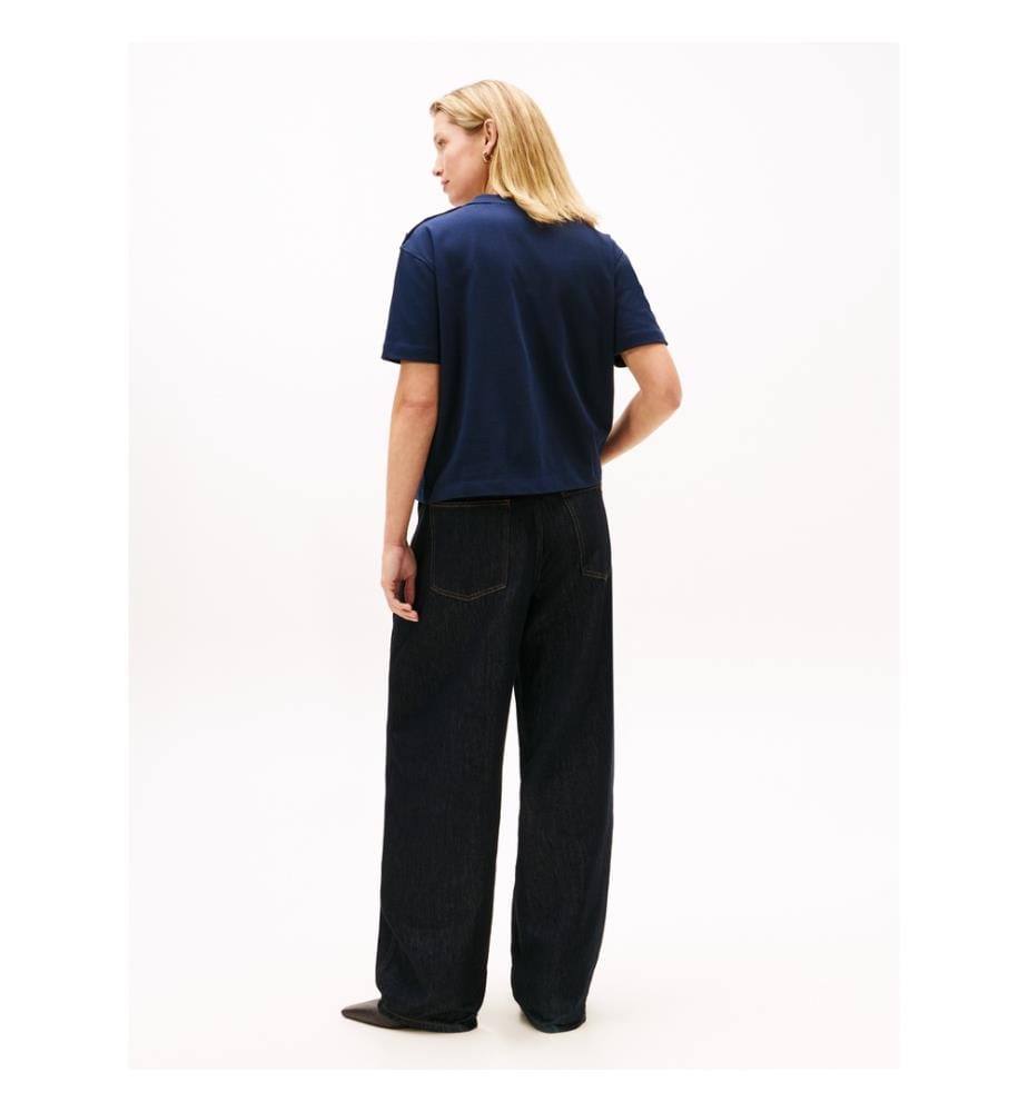 Casual T-Shirt With Embroidered Logo And Gold Button - Navy