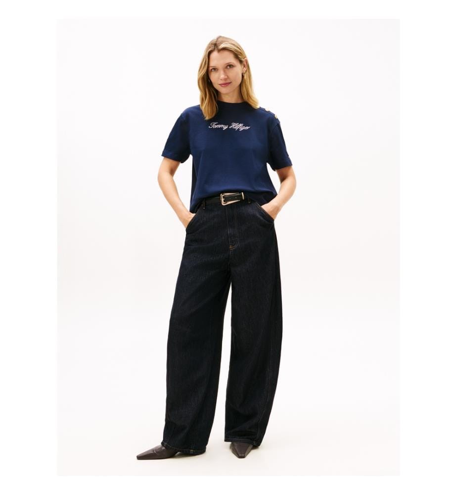 Casual T-Shirt With Embroidered Logo And Gold Button - Navy