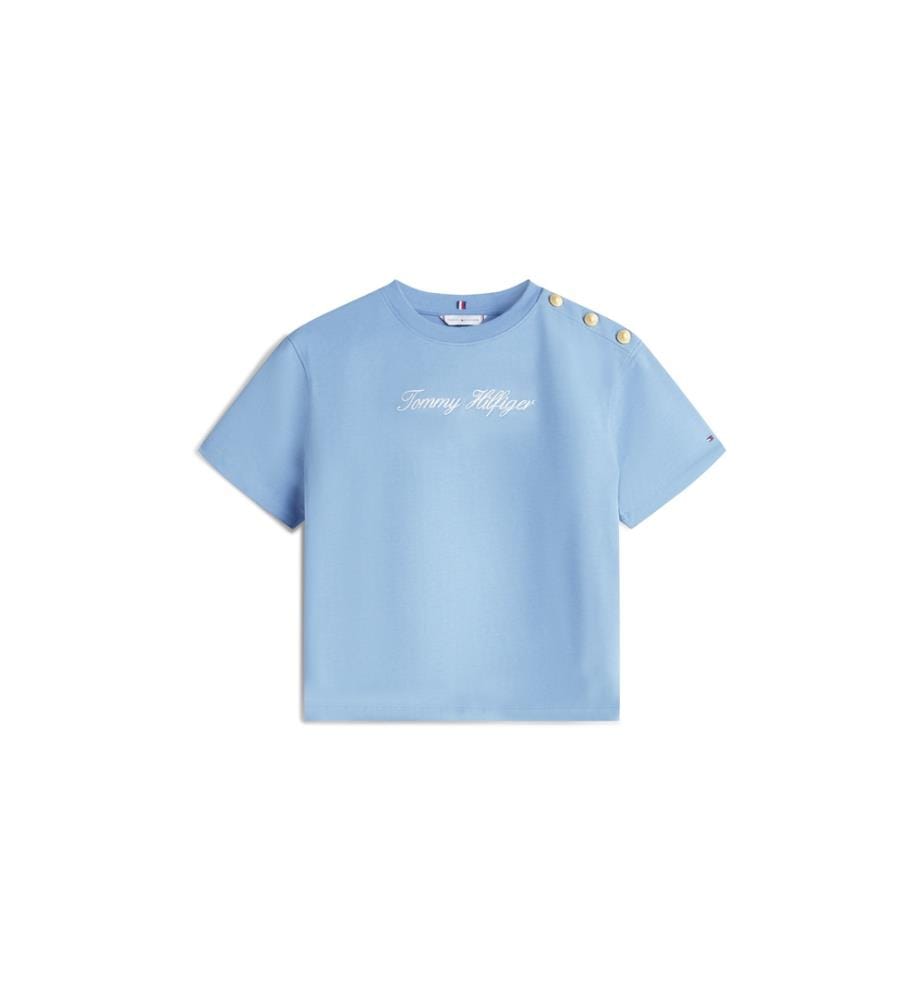 Casual T-Shirt With Embroidered Logo And Gold Button - Light Blue