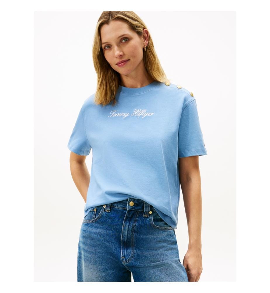 Casual T-Shirt With Embroidered Logo And Gold Button - Light Blue