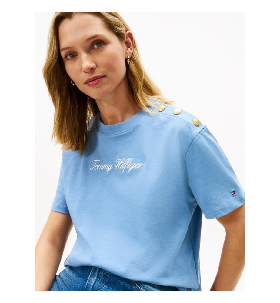 Casual T-Shirt With Embroidered Logo And Gold Button - Light Blue