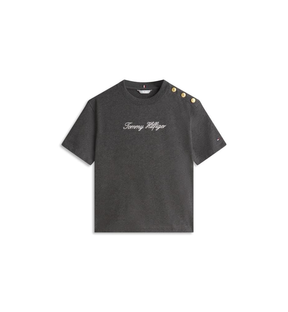 Casual T-Shirt With Embroidered Logo And Gold Button - Grey