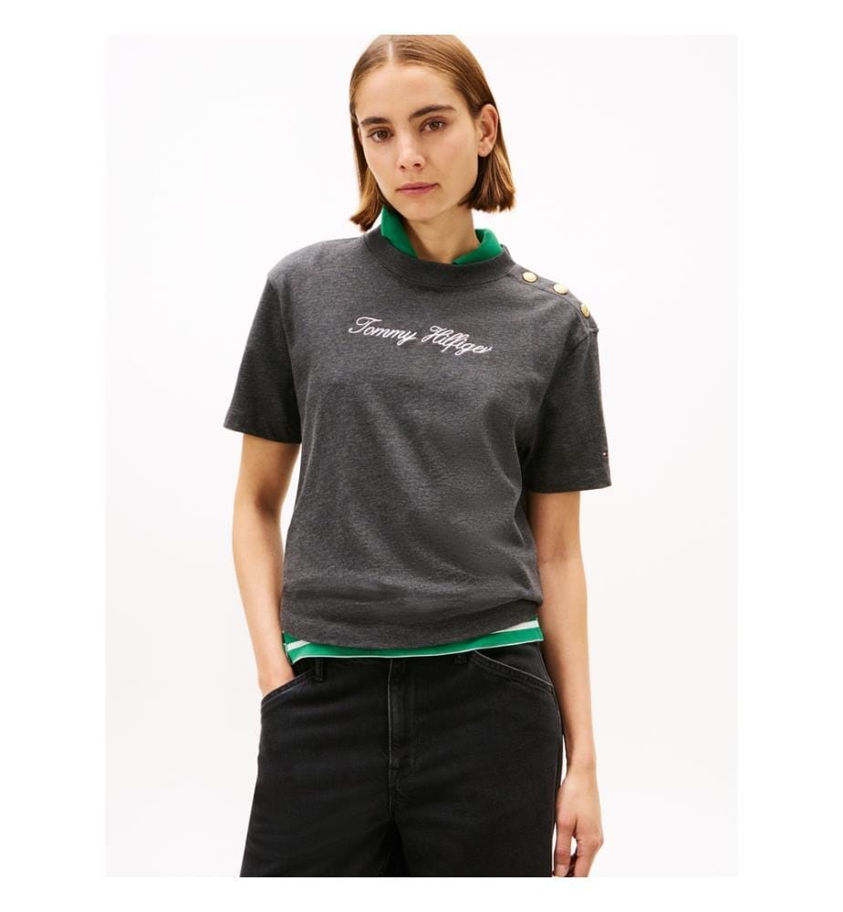 Casual T-Shirt With Embroidered Logo And Gold Button - Grey
