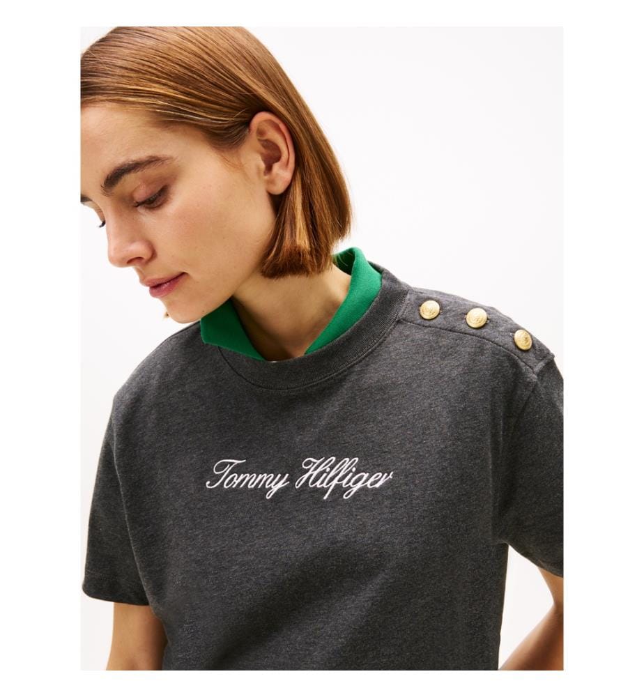Casual T-Shirt With Embroidered Logo And Gold Button - Grey