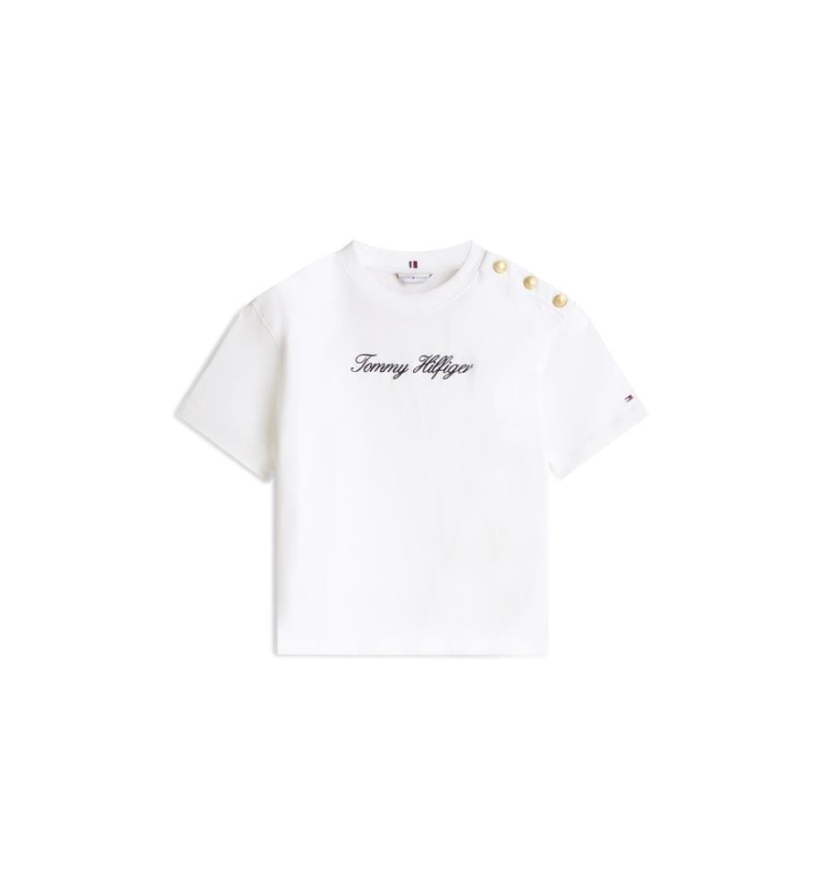 Casual T-Shirt With Embroidered Logo And Gold Button - White