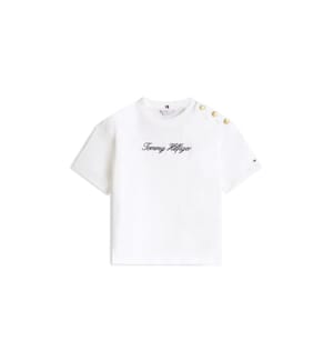 Lässiges T-Shirt mit gesticktem Logo und goldenem Knopf - Weiss