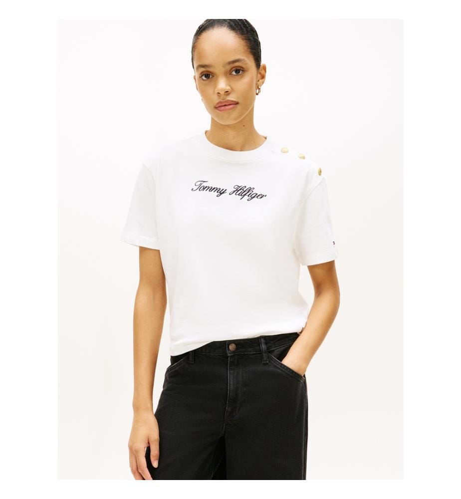 Casual T-Shirt With Embroidered Logo And Gold Button - White