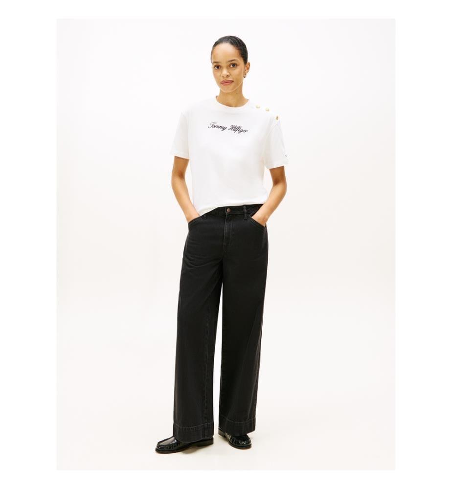 Casual T-Shirt With Embroidered Logo And Gold Button - White