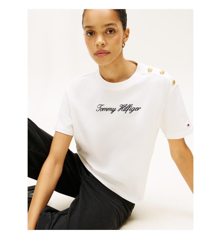 Casual T-Shirt With Embroidered Logo And Gold Button - White