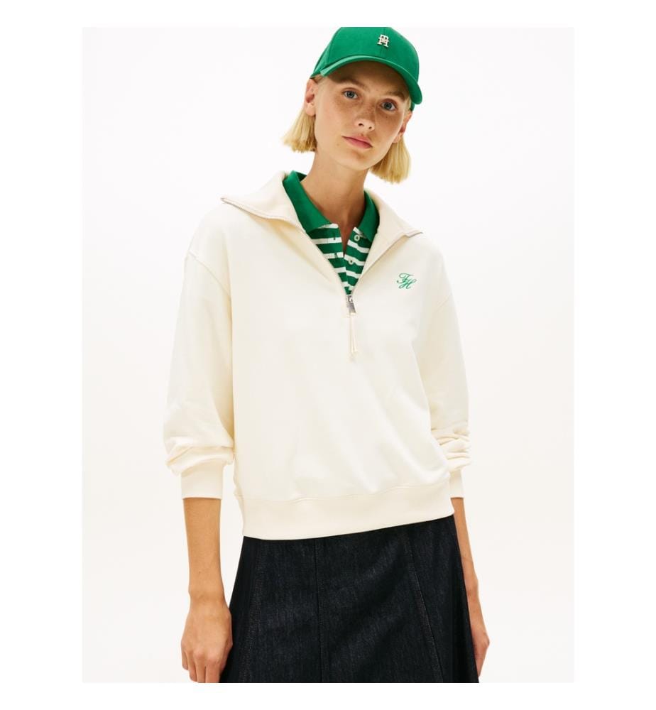Logo-Stickerei-Frottee-Pullover mit halbem Reissverschluss - Creme