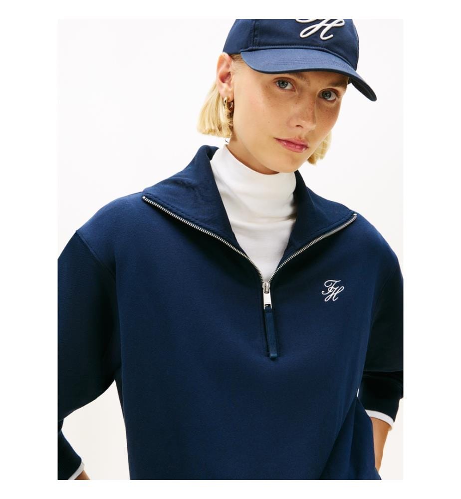 Logo-Stickerei-Frottee-Pullover mit halbem Reissverschluss - Marine