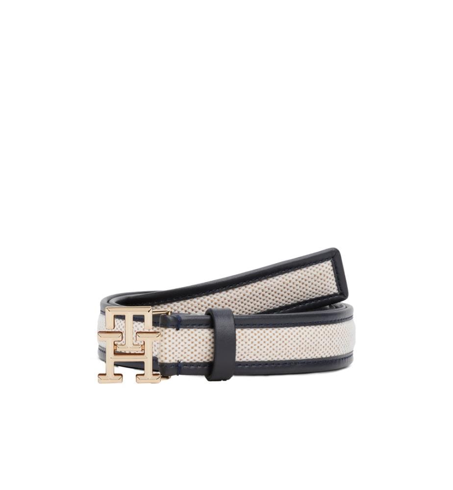 Leder- und Leinwandgürtel mit Monogramm - Marine und Beige