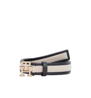 Leder- und Leinwandgürtel mit Monogramm - Marine und Beige