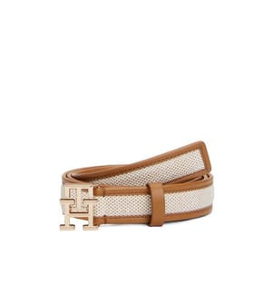 Leder- und Leinwandgürtel mit Monogramm - Hellbraun und Beige