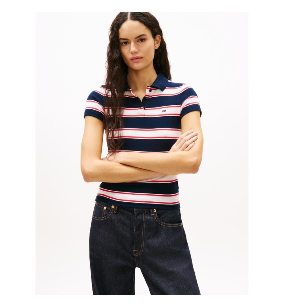 Schlankes geripptes Poloshirt - Marine und Weiss