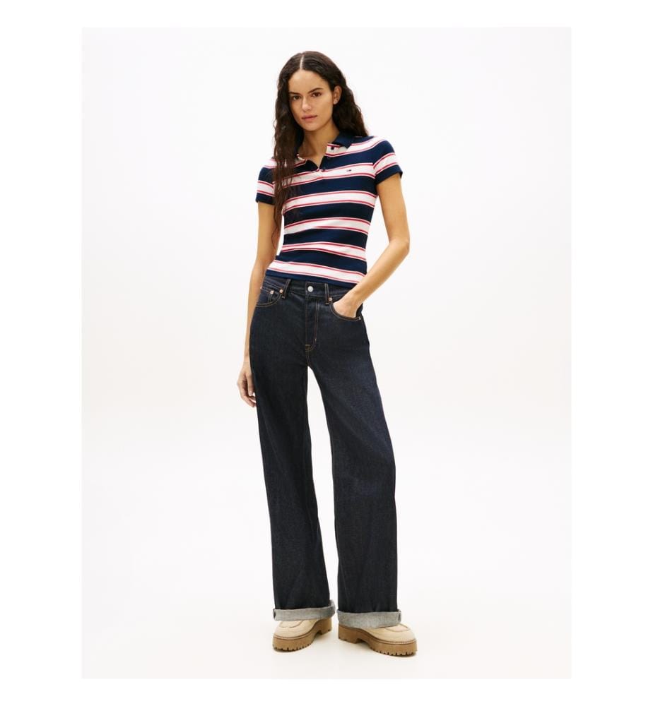 Schlankes geripptes Poloshirt - Marine und Weiss
