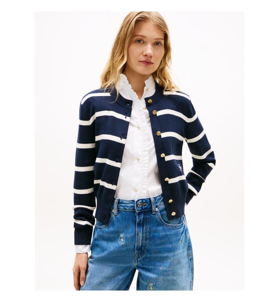 Premium Strickjacke - Marine und Weiss