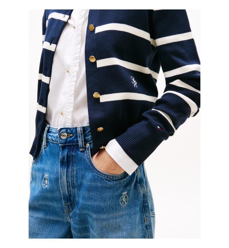 Premium Strickjacke - Marine und Weiss